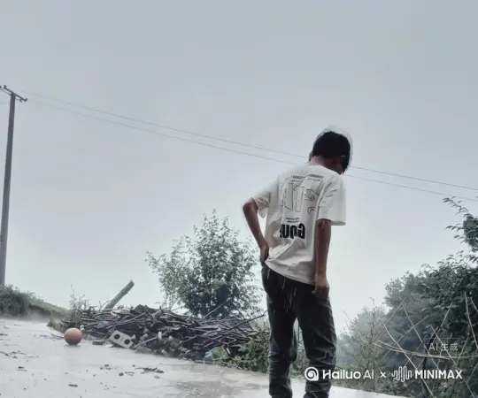 帮我生成一个视频：让图片中的场景动起来，人物变成无数灰色颗粒消失在视频中，向右吹走，原比例。比例 16:9，时长 5s，模型 高品质[右移,左摇,跟随] by Hailuo AI Video Generator