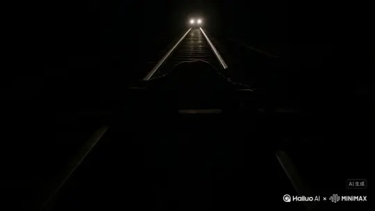 在一片漆黑之中，只有一段长长的铁轨，我却看到铁轨中间断裂开，我赶紧用身体去接上铁轨，因为火车就要来了，想着用自己的身体去保护铁路的畅通无阻，不让火车出事， 这个梦境在我的青春岁月里常常出现在梦中 by Hailuo AI Video Generator