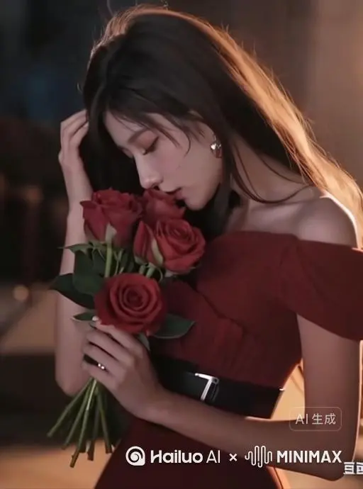 一个身着深红色露肩连衣裙衣的女孩侧身，以深情优雅的姿态低头闻着手中的玫瑰，右手正在撩起头发，保持人物姿势不变，营造出一种超现实的氛围戏剧性的特效。深红色粒子从人物主体边缘处以爆炸式扩散，由外向内，就像纸张燃烧边缘继而爆炸式的深红色粒子冲击画面，迸发剥离到主体人物和玫瑰花，玫瑰花瓣也随爆炸飘散在空中，突然间迸发的花瓣就像爆炸艺术效果一样。爆炸瞬间性剥开主体人物，同时只留下一丝存在过的痕迹消散在空中，人物静态消散。主体人物从清晰的实体形象转变为短暂易逝的存在，在现实与崇高之间制造出强大的张力，凸显出转瞬即逝。强化雾气消散效果增强真实感，粒子数量增强，爆炸式极具画面冲击美感 by Hailuo AI Video Generator