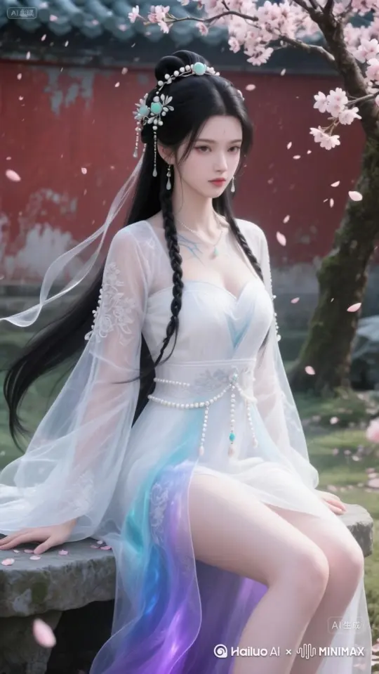 时间：清晨，园林里偶尔有麻雀飞过。
地点：环境优美的园林，亭台楼阁，树木山水，水榭亭台。
人物动作：从桃树下走过，来到临水的亭台，动作轻柔，古典美。
环境：微风，吹动头发衣服，花瓣缓缓飘落。
运镜：[右移,跟随] by Hailuo AI Video Generator