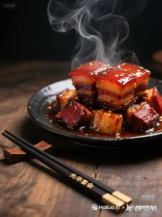 肉变成女模特，从盘子走出，T台像屏幕方向，人物五官精致，画面清晰，时尚感强 by Hailuo AI Video Generator