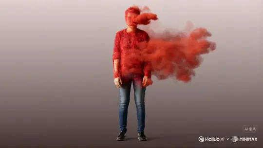 让图片中的场景动起来，人物变成无数红色颗粒加红色烟雾消失在视频中，向右吹走，原比例。比例 16:9，时长 5s，模型 高品质 by Hailuo AI Video Generator