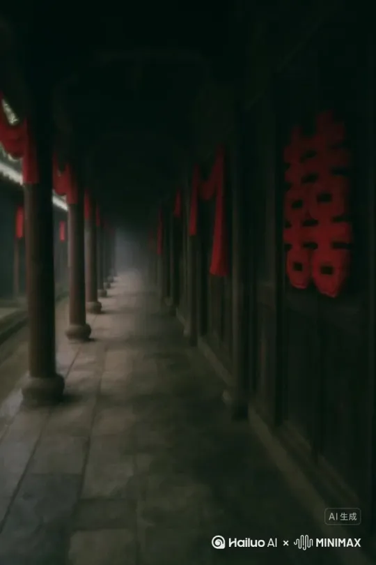 中式婚礼的中国古代长长的走廊，阴暗压抑 by Hailuo AI Video Generator
