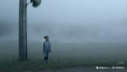 一个扎着两只小辫子的小女孩，站在很空旷的全是雾的地方，身边只有一支电线杆，电线杆上有一个喇叭，小女孩很茫然，找不到妈妈，看见的只有浓雾，突然有一个小精灵出现带她离开了这个地方。 by Hailuo AI Video Generator