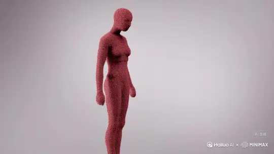 Without any warning,the figure's body begins to split into dull red particles, which should drift slowly ,instrad,of,emitting,to ensure that the disintegration looks smooth,consistent in scale and direction,without background distortion . by Hailuo AI Video Generator