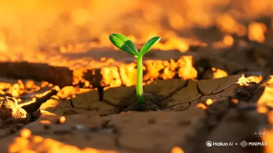延时摄影风格，画面中心的嫩芽缓缓长成大树，四周干涸的土地在大树生长完成后也长满了绿色的小草，大师级运镜，光影变化，快速环绕运镜
[右移,左摇,跟随] by Hailuo AI Video Generator