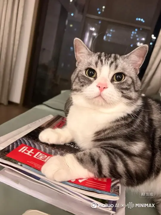 小猫看着我说：我可爱读书了，看，我这压箱底的书都被我翻出来了。
然后它打开了三联杂志开始翻阅 by Hailuo AI Video Generator