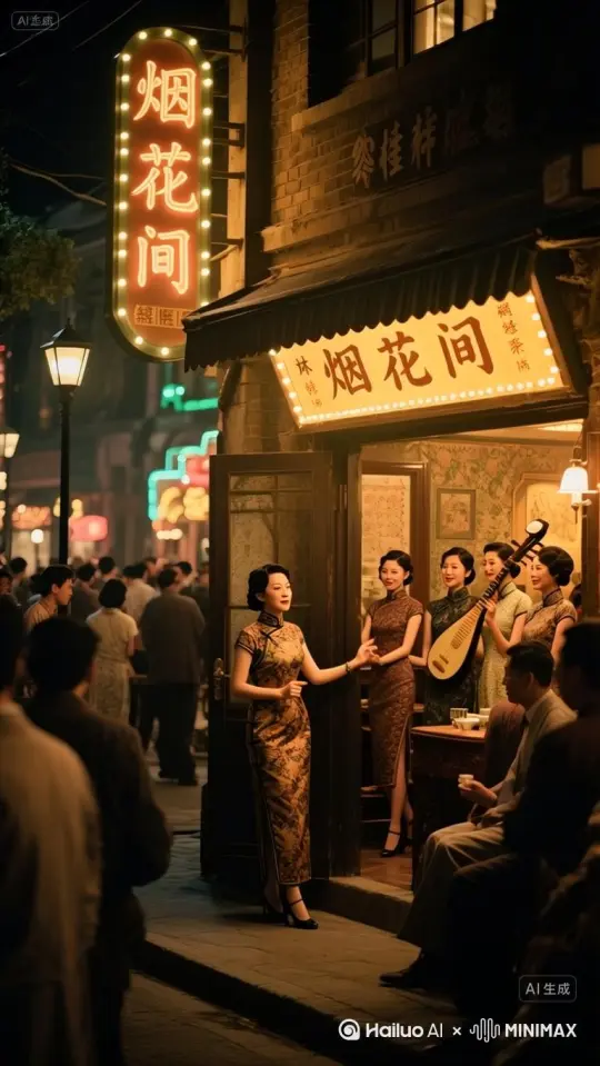 夜晚的上海法租界街头，霓虹闪烁，人群熙熙攘攘。“烟花间”的招牌醒目地挂在街边小楼前，灯光暧昧。林桂生站在门口，虽身材矮瘦但眼神精明，身着华丽旗袍，正指挥着姑娘们迎接客人。屋内装饰精致，有姑娘们在厅中弹奏乐器，客人与姑娘们谈笑风生。摄影风格为民国风，暖黄色调，f/2.4，以中景展示林桂生和“烟花间”的热闹场景，佳能5D4 + 35mm定焦镜头，突出林桂生的干练与“烟花间”的独特氛围 by Hailuo AI Video Generator