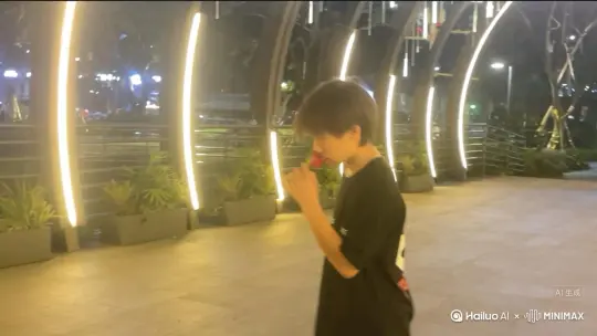 帮我生成一个视频：让图片中的场景动起来，人物变成无数红色颗粒消失在视频中，向右吹走，原比例。比例 16:9，时长 5s，模型 高品质[右移,左摇,跟随] by Hailuo AI Video Generator