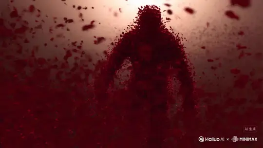 [右移,左摇,跟随]A large mass of tiny dark red petals appeared on the main character's body, and the petals exploded outwards. The main character's body gradually disintegrated from the limbs, turning into countless red particles that scattered lightly. Finally, the character completely dissipated in the petals flying all over the sky., the character completely disappeared, realistic style, film light effects by Hailuo AI Video Generator