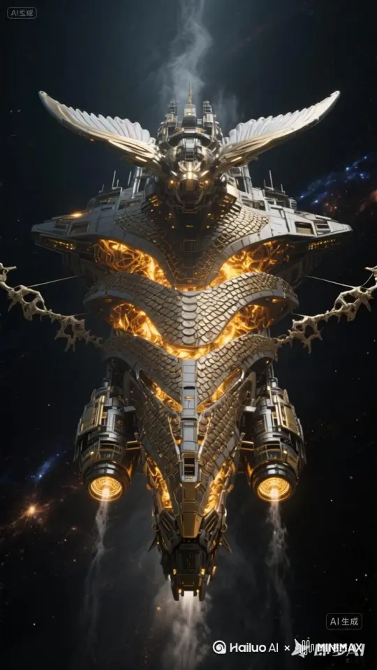 普罗维登斯母舰撕裂星尘驶出，舰体覆盖生物鳞甲（鳞隙透出熔金光芒），推进器为三对巨鲸尾鳍状器官尾部喷射出淡蓝色粒子喷流[推进,下摇,右移] by Hailuo AI Video Generator