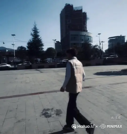 帮我生成一个视频：让图片中的场景动起来，人物变成无数灰色沙尘消失在视频中，向右吹走，（沙尘数量只在人物中涌出，然后消失）原比例。模型，高品质 by Hailuo AI Video Generator