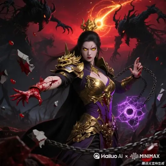 **主体：** Cinematic portrait, a fierce woman warrior in magnificent gold and purple battle armor, intricate dragon head pauldrons. Mystical yellow glow in eyes, splatters of blood visible on armor. **Action/Dynamics：** Energy surges dramatically from both hands in powerful swirls of intense violet light, swirling chains wrap around her mid-movement. **Environment：** Dark, foreboding backdrop of deep crimson skies, ominous and distorted menacing shadow figures drift in the background. **Style & Quality:** Highly detailed, photorealistic concept art, cinematic dark fantasy, dark epic atmosphere, hyper-realistic rendering, ray tracing reflections, sub-pixel motion blur. **Camera & Effects:** Fixed center-framed composition, dramatic slow-motion effect, intense magical particle effects (purple energy splatters, smoke), dynamic energy beams. **Video Spec：** Explosive 6-second video short, high action intensity, seamless looping potential. --ar 1:1 --v 6.0 by Hailuo AI Video Generator