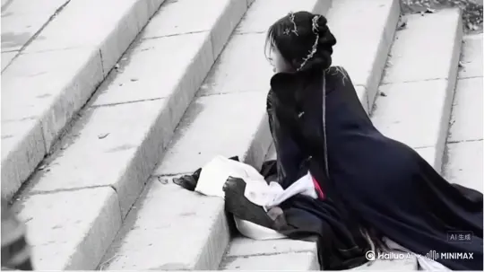 帮我生成一个视频：让图片中的场景动起来，人物变成无数红色颗粒消失在视频中，向右吹走，原比例。比例 16:9，时长 5s，模型 高品质[右移,左摇,跟随] by Hailuo AI Video Generator