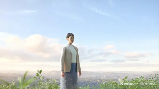 帮我生成一个视频：让图片中的场景动起来，人物变成无数灰色颗粒消失在视频中，向右吹走，原比例。比例 16:9，时长 5s，模型 高品质试试这个[左移,右摇,跟随] by Hailuo AI Video Generator
