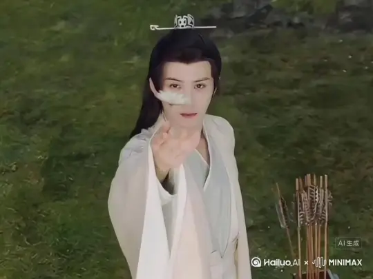 让照片中场景动起来，人物变成无数红色粒子消失在视频中，向右吹走，（粒子数量只在人物漫漫中涌出，然后消失）原比例。模型，高品质[右移,左摇,跟随] by Hailuo AI Video Generator