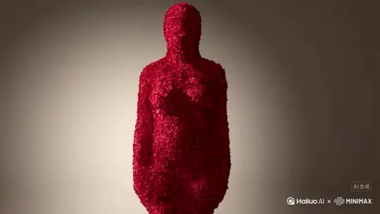 主体人物身上变出一大团微小深红色花瓣，花瓣向外爆炸式扩散，主体人物身体随之从四肢开始逐渐瓦解，化作无数红色粒子轻盈飘散，最终人物完全消散在漫天飞舞的花瓣中，人物完全消失，写实风格，电影光效 by Hailuo AI Video Generator