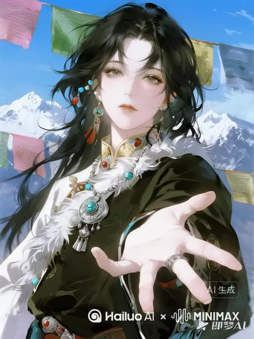 Vertical 9:16,  
A cold-toned, melancholic Tibetan saintess, pale skin, intricate silver jewelry, flowing black hair with glass beads, detailed traditional costume, reaching hand,  
Background: blue sky, snowy mountains, Tibetan prayer flags,  
Style: CG 3D, thick paint texture, low saturation pastel colors (pink, green, gold), soft lighting, luminous fluid hair,  
**Camera:** slow cinematic push-in + subtle orbit + extreme close-up (eyes/hand) + detailed shots (hair beads/jewelry) + mountain/flag panning,  
**Motion:** wind-blown hair, fluttering flags, super slow motion, shallow depth of field,  
Atmosphere: ethereal, cinematic, melancholic, majestic,  
Looping video by Hailuo AI Video Generator