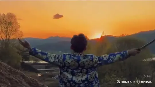 帮我生成一个视频：让图片中的场景动起来，人物变成无数灰色颗粒消失在视频中，向右吹走，原比例。比例 16:9，时长 5s，模型 高品质 by Hailuo AI Video Generator