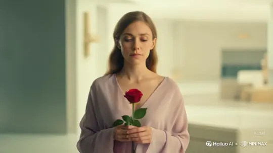 一个女人拿着玫瑰花呆呆地看着，突然她的身影从头开始慢慢化为了无数的玫瑰花瓣，被一阵风吹的四处飘散 by Hailuo AI Video Generator