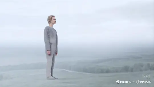 帮我生成一个视频：让图片中的场景动起来，人物变成无数灰色颗粒消失在视频中，向右吹走，原比例。比例 16:9，时长 5s，模型 高品质 by Hailuo AI Video Generator