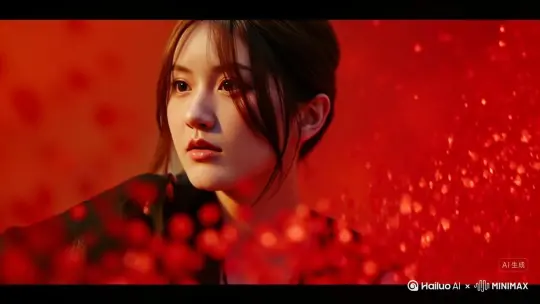 帮我生成一个视频：让图片中的场景动起来，人物变成无数红色玫瑰消失在视频中，向右吹走，原比例。比例 16:9，时长 5s，模型 高品质[右移,左摇,跟随] by Hailuo AI Video Generator