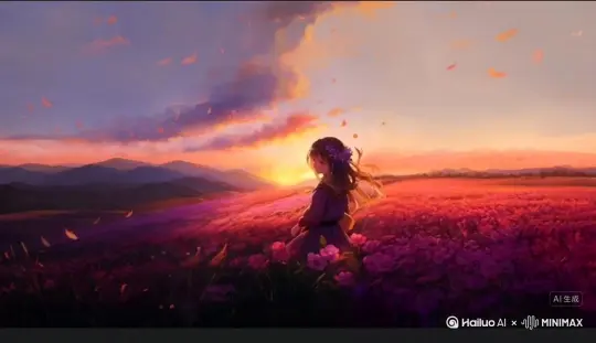 帮我生成一个视频：让图片中的场景动起来人物变成无数红色花瓣消失在视频中，向右吹走（花瓣数量只在人物漫漫涌出，然后消失原比例。模型，高品质[右移,左摇,跟随][左移,推进,右摇][右移,左摇,跟随] by Hailuo AI Video Generator