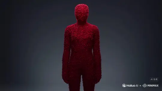 主体人物身上变出一大团微小深红色花瓣，花瓣向外爆炸式扩散，主体人物身体随之从四肢开始逐渐瓦解，化作无数红色粒子轻盈飘散，最终人物完全消散在漫天飞舞的花瓣中，人物完全消失，写实风格，电影光效 by Hailuo AI Video Generator