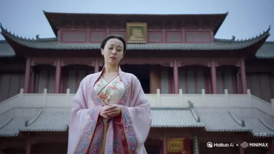 一个穿着华丽汉服的女人，失望的走向宫殿转身那一刻变成很多蝴蝶向天空飞走了 by Hailuo AI Video Generator