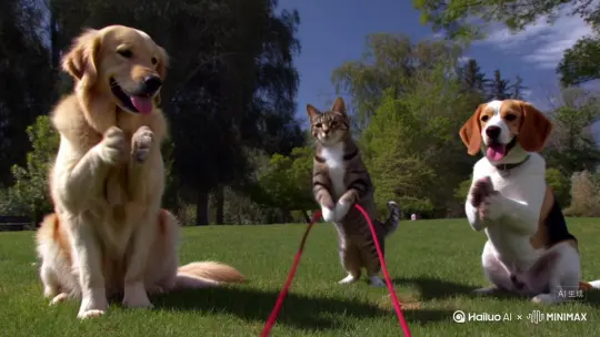 两只狗一只猫在玩跳绳游戏，狗在旁边给猫拍手叫好，猫在卖力的玩游戏[拉远,变焦推进,跟随] by Hailuo AI Video Generator