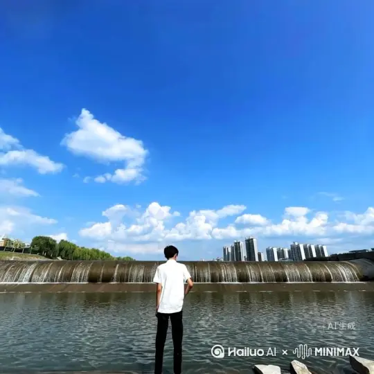 让图片中的场景动起来，人物变成无数红色颗粒消失在视频中，向右吹走，原比例。比例 16:9[右移,左摇,跟随] by Hailuo AI Video Generator