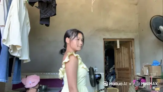 帮助我生产一个视频：[左移,右摇,跟随]让图片中的场景动起来，人物变成无数灰色沙尘消失在视频中，向左吹飞走，
（沙尘数量只在人物慢慢中涌出，然后消失）原比例。模型高品质 by Hailuo AI Video Generator