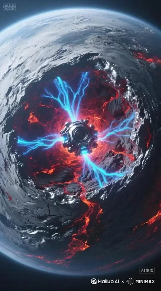 镜头环绕螺旋拍摄星球,广角拍摄星球细节,环绕一周后拍摄中间结构的能量离子流不断喷出,中间结构颤抖开裂,岩浆流淌细节,在岩浆喷涌时镜头拉远可以看到整个星球的全貌,无限画质,无法想象的画面,超高清粒子特效, 动感强烈,色赛眼里逻辑通畅 by Hailuo AI Video Generator