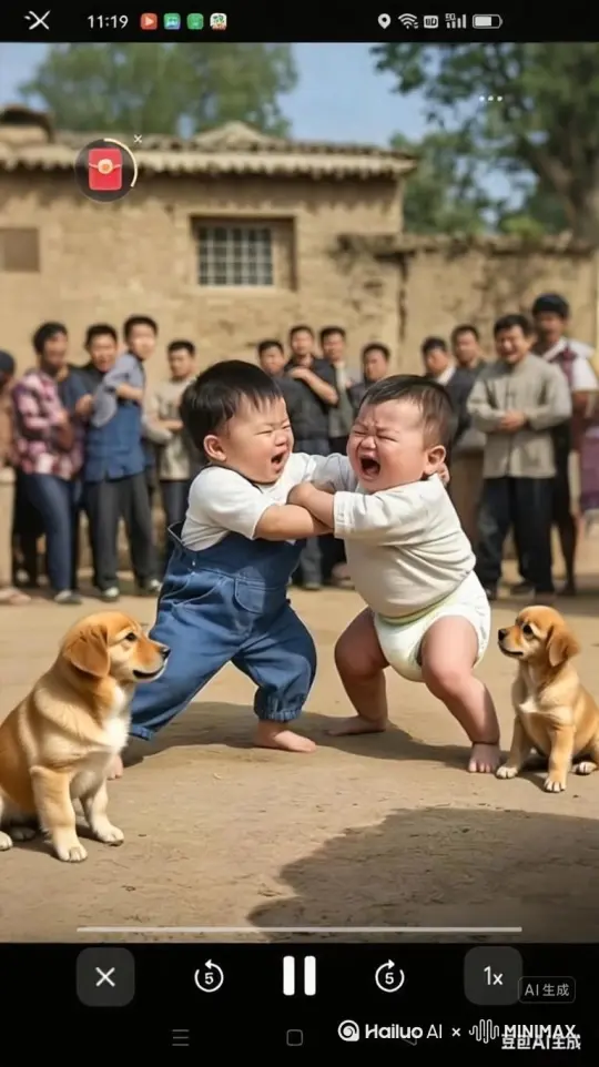 图片中两个小萌娃在打图片中两个小萌娃在打斗的很激烈，拳打脚踢跳起来的视频，围观的人在哈哈大笑 by Hailuo AI Video Generator