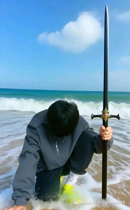 帮我帮我生成一个视频，让图片中的场景动起来，人物变成无数灰色沙尘小时在视频中，向右吹走，(沙尘数量只在人物和手中的剑慢慢涌出，然后消失)原比例，模型，高质 by Hailuo AI Video Generator