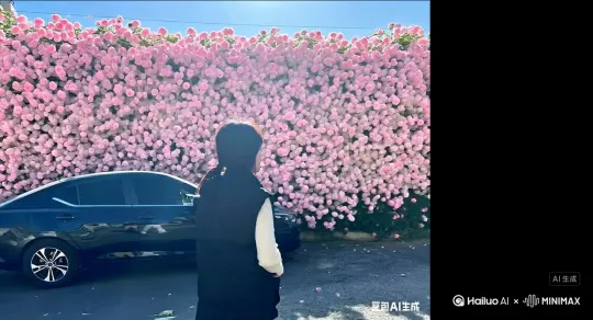 帮我生成一个视频。让图中的场景动起来，人物变成无数红色花瓣消失在视频中，向右吹走。（花瓣数量只在人物慢慢涌出然后消失）原比例模型高质量 by Hailuo AI Video Generator