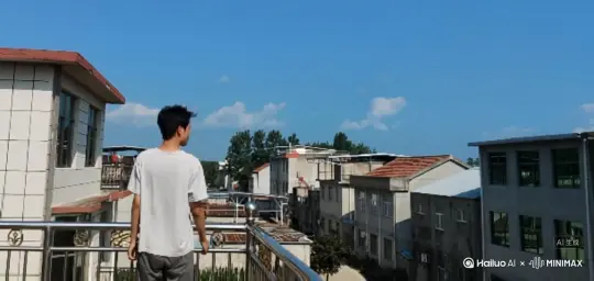 帮我生成一个视频：让图片中的场景动起来，人物保持不动，人物变成无数自然红玫瑰颗粒消失在视频中，向右吹走，原比例。比例 16:9，时长 5s[推出,上升,下摇] by Hailuo AI Video Generator