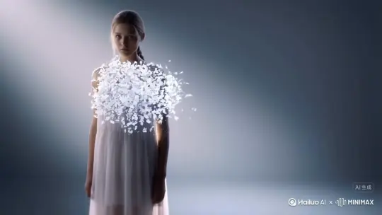 主体人物身上变出一大团微小白色花瓣，花瓣向右边消散，主体人物身体随之从右边开始逐渐瓦解，化作无数白色粒子向右边轻盈飘散，最终人物完全消散在漫天飞舞的花瓣中，人物完全消失，写实风格，电影光效原比例 by Hailuo AI Video Generator