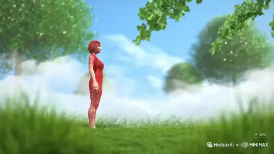 海螺ai 关键词帮我生成一个视频：让图片中的场景动起来，人物变成无数红色颗粒消失在视频中，向右吹走，原比例。比例 16:9，时长 5s，模型 高品质 by Hailuo AI Video Generator