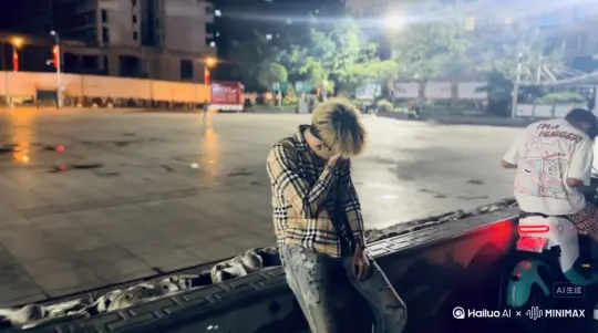 帮我生成一个视频：让图片中的场景动起来，人物变成无数灰色颗粒消失在视频中，向右吹走，原比例。比例 16:9，时长 5s，模型 高品质[右移,左摇,跟随] by Hailuo AI Video Generator