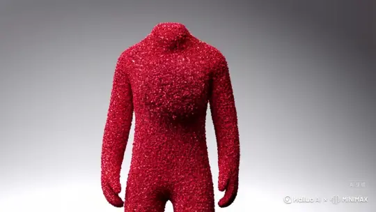 A large cluster of tiny deep red petals bursts from the main character's body, exploding outward. The body disintegrates from the limbs into countless red particles, drifting lightly until vanishing completely amid swirling petals, in realistic style with by Hailuo AI Video Generator