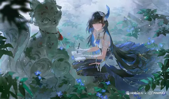 这个女孩轻轻抚摸面前雕像，并用笔记录在手中的小本子忽然像是察觉到了什么顺着雕像的目光轻轻转过了头深情的望着我随后化作花瓣消散 by Hailuo AI Video Generator