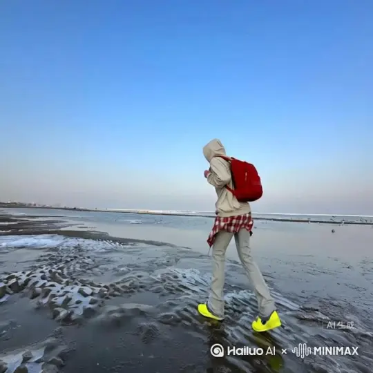 帮我生成一个视频：让图片中的场景动起来，人物变成无数红色颗粒消失在视频中，向右吹走，原比例。比例 16:9，时长 5s，模型 高品质 by Hailuo AI Video Generator