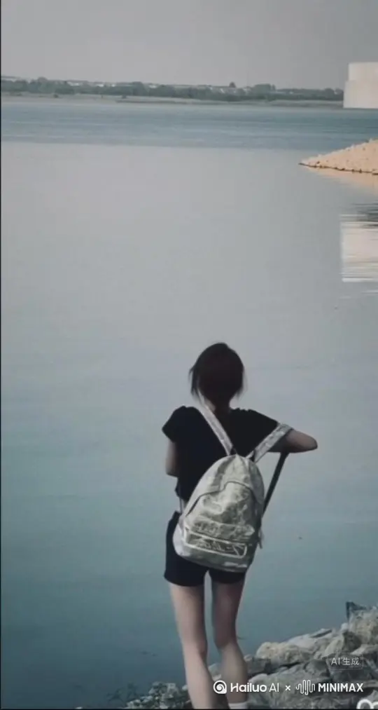 Without any warning, the figure by the water begins to split into faint gray particles. These particles should drift slowly, neither emitting light nor reflecting, to make sure the disintegration appears smooth. Consistent in scale and direction, without distorting the serene background of the lake, as her silhouette dissolves bit by bit, her body keeps vanishing, particle by particle, until only tiny, floating specks disappear under the sky above the water. by Hailuo AI Video Generator