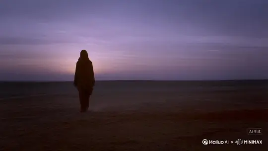 帮我生成一个视频：让图片中的场景动起来，一个人物在黄昏下向前走五步然后在慢慢张开双臂，人物变成无数红色沙尘消失在视频中，向右吹走（沙城数量只在人物中慢慢涌现，然后消失）   原比例。模型  高画质(顺带帮我把作品点个赞，谢谢) by Hailuo AI Video Generator