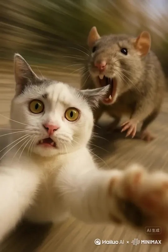 猫和老鼠在一起，比例老鼠比猫大十倍，老鼠追着猫跑 by Hailuo AI Video Generator