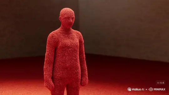 用海螺AI
让图中的环境不变，人物位置不变，图中人物变成红色颗粒状灰烬飘走，速度快一点，品质高质 by Hailuo AI Video Generator