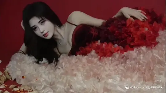 帮我生成一个视频：让图片中的场景动起来，只有人物变成无数红玫瑰花瓣消失在视频中（下面白色的东西不变），向右吹走（花瓣数量只在人物中慢慢涌现，然后消失）   原比例。模型  高画质。 by Hailuo AI Video Generator