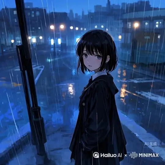 让画面动起来外面下着雨，人物将头扭转至和身体同一个方向，[变焦拉远]低着头拿出一朵鲜花，[左移]随后紧紧将花抱在怀里，随后人物[右移,左摇,跟随]变成无数黑色颗粒消失在视频中，向右吹走，原比例，模型 高品质 by Hailuo AI Video Generator