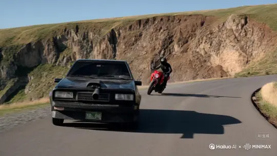 镜头 1（1 秒）

【低角度跟拍】红色摩托车沿悬崖山路飞驰，车轮溅起碎石。
【特写】骑手戴黑色头盔，左手脱把摸向腰间（暗示武器）。
摩托车引擎轰鸣，风声呼啸
镜头 2（1 秒）

【后视角追拍】黑色轿车紧贴摩托车车尾，车窗伸出黑洞洞的枪口。
【特写】轿车前脸狰狞，车牌被污泥遮挡。
黑帮喊叫："拦住他！" 轮胎摩擦刺耳
镜头 3（1.5 秒）

【俯拍】山路尽头突然断裂，万丈悬崖下云海翻涌。
【中景】摩托车冲出悬崖，前轮悬空，骑手身体后倾。
骑手嘶吼，引擎空转尖啸
镜头 4（1.5 秒）

【仰拍】军用直升机从云层中升起，绳索如救命稻草垂下。
【特写】骑手腾空跃起，右手死死抓住直升机起落架。
【远景】摩托车坠入云海，黑车在崖边急刹。
直升机轰鸣渐强，黑车刹车声刺耳 by Hailuo AI Video Generator